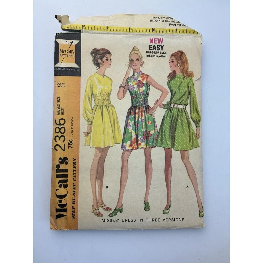 Dress A-Line Gathered Elastic Waist Uncut Pattern 2386 Size 12 Vtg 70s Back Zip